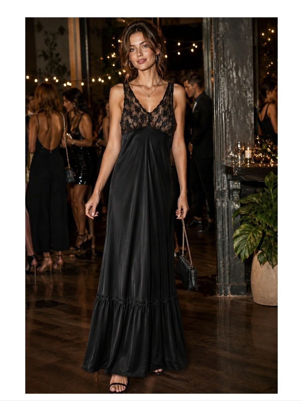 VTG Val Mode Small Black Lace Trim Nylon Slip Maxi Dress Tiered Whimsical Goth